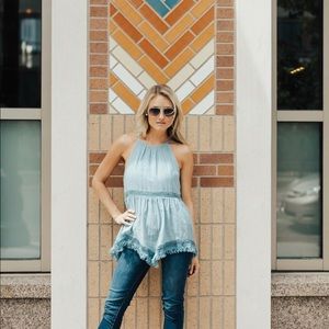 Teal lace and fringe top